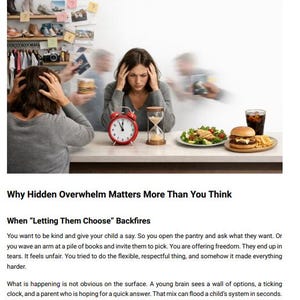 May include: Image from a book chapter titled "The Hidden Overwhelm Behind Choices." The image shows a woman with her hands on her head, a red alarm clock, and an hourglass. A plate of food and a burger are on the table.