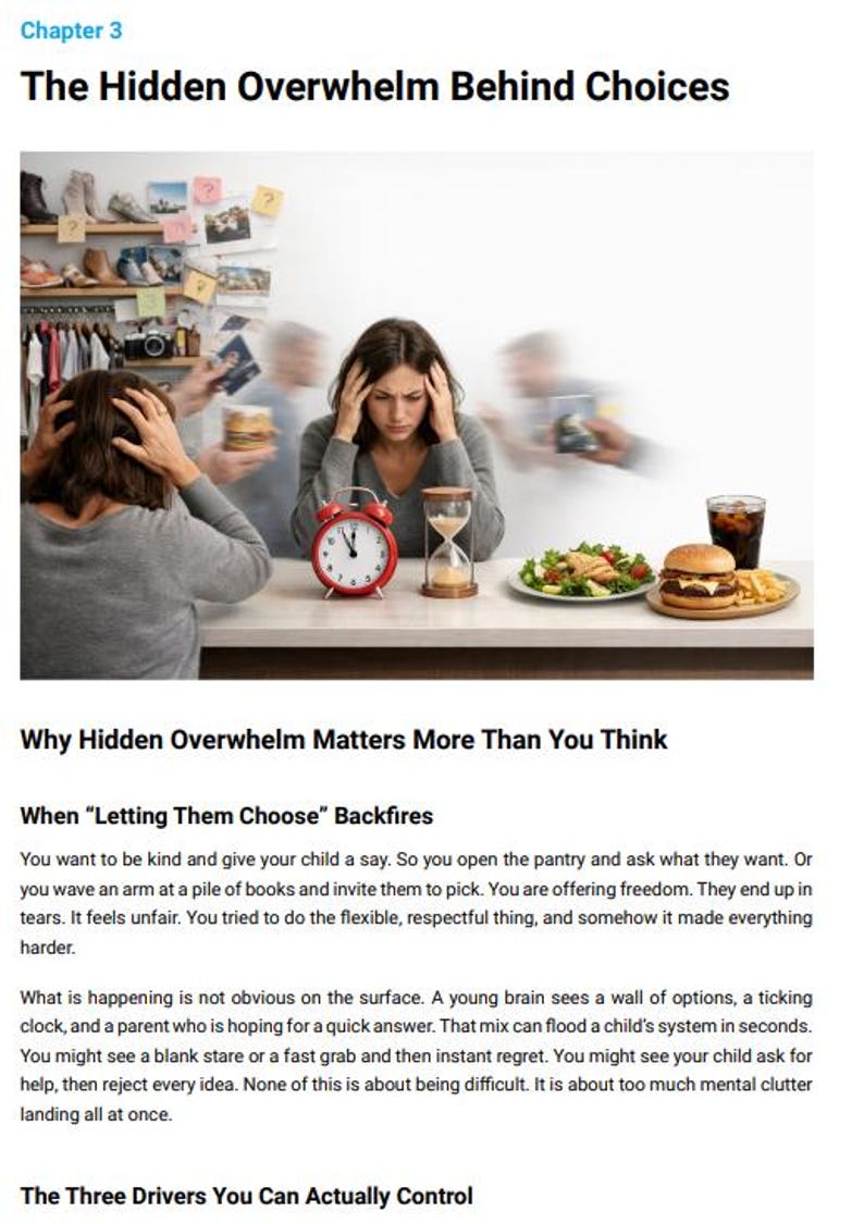 May include: Image from a book chapter titled "The Hidden Overwhelm Behind Choices." The image shows a woman with her hands on her head, a red alarm clock, and an hourglass. A plate of food and a burger are on the table.