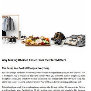 May include: Image from a book chapter titled "Making Choices Easier From the Start." The image features a wardrobe rack with clothes, a wooden board with food, boots, a book, and a cup of coffee. The text discusses simplifying daily decisions.