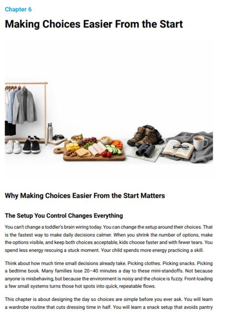 May include: Image from a book chapter titled "Making Choices Easier From the Start." The image features a wardrobe rack with clothes, a wooden board with food, boots, a book, and a cup of coffee. The text discusses simplifying daily decisions.