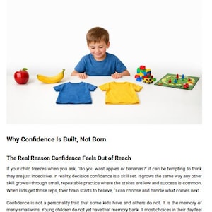 May include: A child in a blue shirt sits at a table with a red apple, a banana, two t-shirts, building blocks, and a game board. The image is from a book chapter titled "Building Decision Confidence Over Time."
