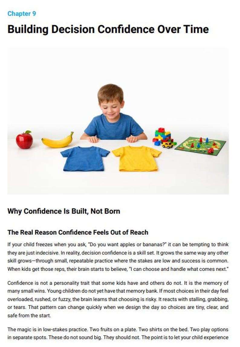 May include: A child in a blue shirt sits at a table with a red apple, a banana, two t-shirts, building blocks, and a game board. The image is from a book chapter titled "Building Decision Confidence Over Time."
