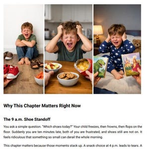 May include: A book page with the title "When Simple Choices Turn Into Big Reactions" and three images of a child crying. The text below discusses the impact of small choices on young children.