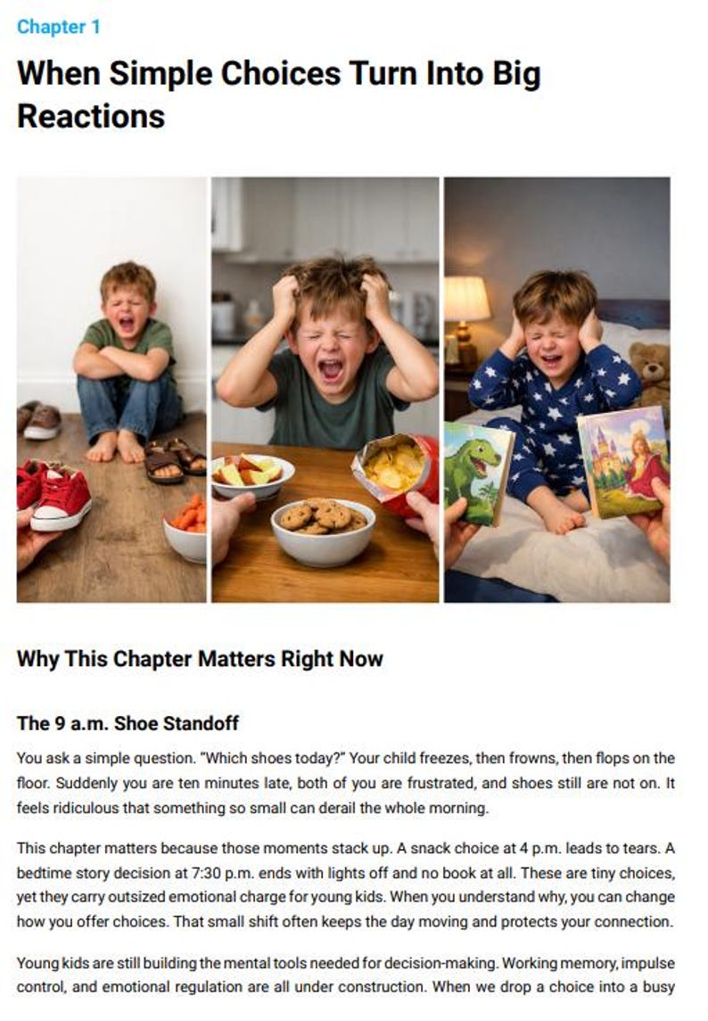 May include: A book page with the title "When Simple Choices Turn Into Big Reactions" and three images of a child crying. The text below discusses the impact of small choices on young children.