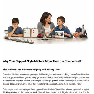 May include: Image from a book chapter titled "Supporting Kids Through Decisions." It shows a woman and two boys at a table with various objects, including a scale, a rocket, and a handshake model. The scene suggests guidance and decision-making.