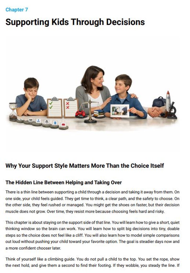 May include: Image from a book chapter titled "Supporting Kids Through Decisions." It shows a woman and two boys at a table with various objects, including a scale, a rocket, and a handshake model. The scene suggests guidance and decision-making.