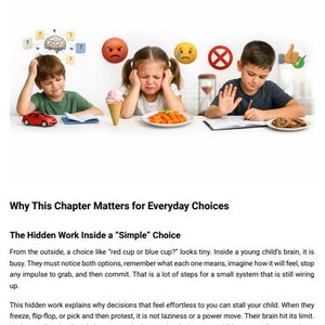 May include: Image from a book chapter titled "Why Decision-Making Is Hard for Kids." The image shows three children with various food and toy choices, along with related emojis. The text explains the challenges children face when making decisions.