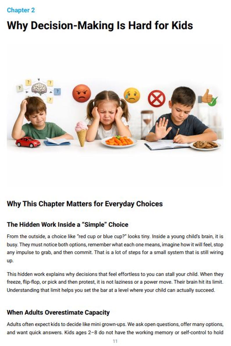 May include: Image from a book chapter titled "Why Decision-Making Is Hard for Kids." The image shows three children with various food and toy choices, along with related emojis. The text explains the challenges children face when making decisions.