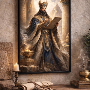 Puede incluir: Obra de arte enmarcada que representa una figura real con túnicas azules y doradas, sosteniendo un pergamino. La imagen tiene un tema histórico, con columnas arquitectónicas y ruinas antiguas en el fondo. Una vela y un rollo están sobre una superficie de madera.
