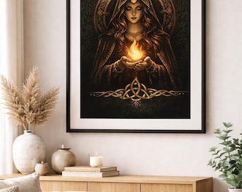 Brigid Wall Art – Celtic Goddess Fire Poetry Print, Dark Green Mythology Decor Digital Download