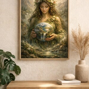 May include: A framed print shows a woman with long hair and a floral crown, holding a globe. The artwork features mountains, waterfalls, and greenery, creating a tranquil, natural scene. The frame is a light wood colour.