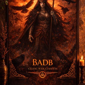 Peut inclure: Impression encadrée représentant la déesse de la guerre celtique Badb. L'œuvre montre une femme en armure ornée, tenant une lance, avec des corbeaux et un fond flamboyant. Le texte "BADB Celtic War Goddess" est affiché.
