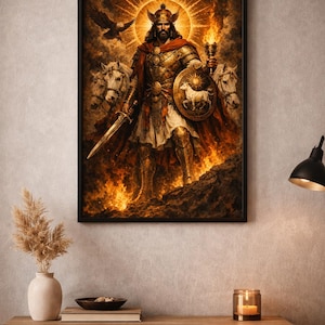 May include: Framed artwork depicting a warrior figure in golden armor, holding a sword and a torch. The artwork features a shield with a white lamb, a halo, and an eagle. The background is a fiery scene with a radiant sun.