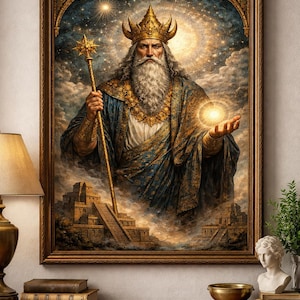 May include: A framed artwork depicting a regal figure with a long white beard and a golden crown, holding a staff and a glowing orb. The artwork features the text "ANU" at the top and a background of clouds and a celestial scene.