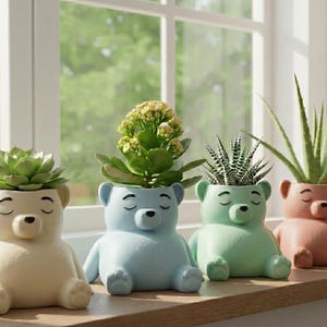 May include: Four pastel-coloured bear-shaped planters, each containing a different succulent or plant. The planters are light yellow, blue, green, and pink, with closed-eye details. They sit on a wooden surface in front of a window.