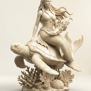 May include: A cream-colored figurine depicting a mermaid with long braided hair sitting atop a sea turtle. The mermaid holds a large spiral seashell. The base features detailed coral formations and sea life textures, all rendered in a solid matte finish.