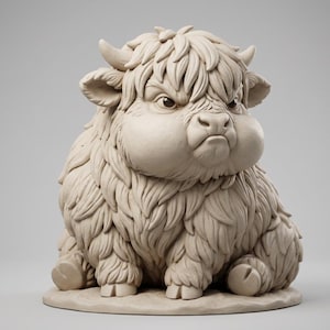 May include: A beige monochromatic figurine of a fluffy, stout creature with thick, textured fur, small horns, and a grumpy facial expression. The figure is seated on a circular base, showcasing detailed sculpted hair and defined facial features.