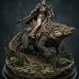 May include: A detailed resin figurine of a warrior riding a large crocodile, mounted on a circular base with swamp vegetation. The plaque reads TRIBAL HUNTRESS & SAURIAN MOUNT - 75MM SCALE. The figure wears leather armor and carries a spear.