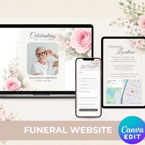May include: A funeral website design displayed on a laptop, tablet, and smartphone. The design features a photo of Shannon Brown, floral accents, and RSVP and location details. The text "Funeral Website" is at the bottom, with a "Canva Edit" logo.