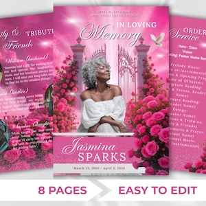 May include: A pink memorial program with a photo of a woman with grey hair. The program includes text such as "In Loving Memory" and "Jasmina Sparks." The design features pink roses and a white dove.