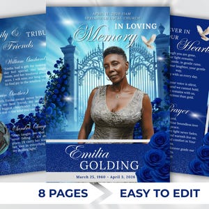 May include: A memorial service announcement in blue and white. The design features a photo of a woman, floral decorations, and text. The announcement is for Emilia Golding, with dates of birth and death.