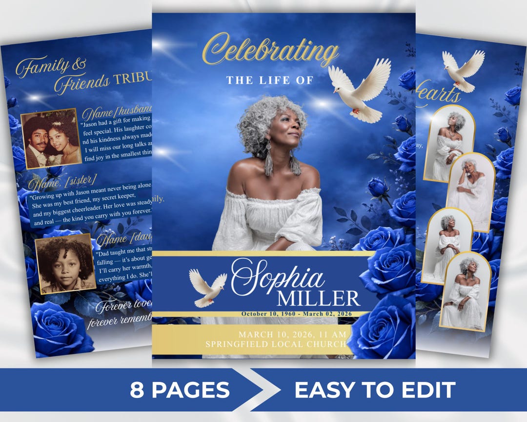 Blue Funeral Program Template | Celebration of Life Memorial Invitation ...