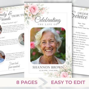 May include: A memorial service template with a floral design. The design features a photo of a smiling woman, the text "Celebrating the Life of Shannon Brown," and the dates 12.10.1956 - 15.03.2026. The template includes space for family tributes and an order of service.