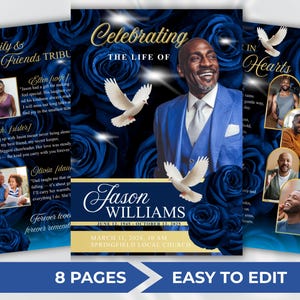 May include: A memorial service program with a navy blue floral design and the text "Celebrating the Life of Jason Williams." The program includes photos, dates, and the words "Family & Friends Tribute" and "In Hearts."