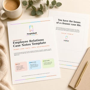 Può includere: Due fogli di carta bianchi con il modello per le note sui casi di relazioni con i dipendenti PeopleShelf. Il testo include intestazioni, elenchi puntati e riquadri colorati con istruzioni. Il design presenta un logo a segnalibro arcobaleno.