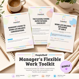 Könnte beinhalten: Ein Bundle aus drei weißen Ratgebern mit den Titeln "Manager's Guide to Work-Life Balance Conversations", "The Flexible Work Expectations Checklist" und "Work-Life Balance Explained by Gen-Z". Das Bundle heißt "Manager's Flexible Work Toolkit".