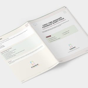 May include: Open booklet titled "FIRST-TIME MANAGER FEEDBACK SCRIPT PACK" with checklists and script options. The booklet has a light background with text in black. The PeopleShelf logo is visible on the bottom of the pages.