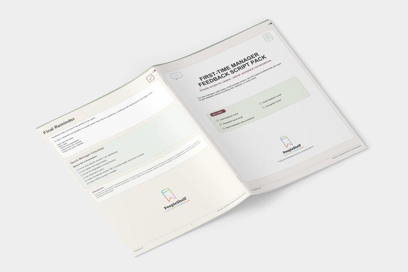 May include: Open booklet titled "FIRST-TIME MANAGER FEEDBACK SCRIPT PACK" with checklists and script options. The booklet has a light background with text in black. The PeopleShelf logo is visible on the bottom of the pages.