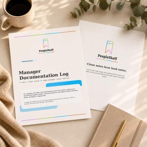 May include: Two white sheets of paper featuring the PeopleShelf logo, a colorful bookmark icon, and the text Manager Documentation Log and Clean notes beat loud notes. The documents include descriptive text about manager documentation.