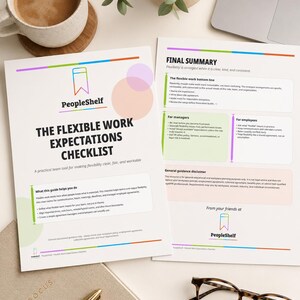 May include: A top-down view of a workspace with documents, a laptop, and a cup of coffee. The documents include a checklist titled "The Flexible Work Expectations Checklist" and a "Final Summary" sheet. A pen, glasses, and a notebook are also visible.