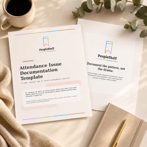 May include: Two white paper documents titled Attendance Issue Documentation Template and Document the pattern, not the drama, featuring the PeopleShelf logo with a colorful gradient bookmark icon, printed in black text on white sheets.