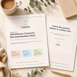 Pode incluir: Dois documentos de papel branco intitulados Attendance Concern Documentation Pack e Catch the pattern before it catches fire, com o logótipo PeopleShelf, um ícone de marcador de livro arco-íris e secções sobre gestão de assiduidade.