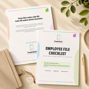 May include: Two white paper documents titled Employee File Checklist with the PeopleShelf logo. The text reads Clean files make calm HR. Calm HR makes better decisions. The documents feature colorful abstract shapes, lines, and small icons.