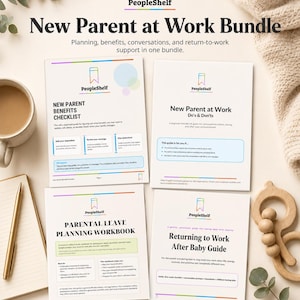 May include: A bundle of four PDF guides from PeopleShelf, titled "New Parent at Work Bundle." The guides cover benefits, planning, and returning to work after a baby. The bundle includes a checklist, a guide to dos and don'ts, a parental leave workbook, and a guide to returning to work.