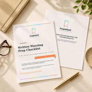 May include: Two white paper documents titled Written Warning Prep Checklist and PeopleShelf. The text includes instructions for managers and HR teams to prepare written warnings. The documents feature a colorful bookmark logo and orange accents.