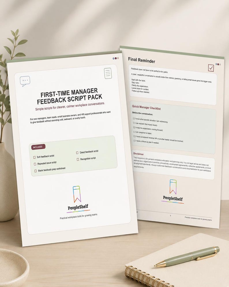 May include: Two open white paper documents with text, "FIRST-TIME MANAGER FEEDBACK SCRIPT PACK" and "Final Reminder." The documents include checklists and scripts for workplace conversations. A pen rests on the surface near the documents.