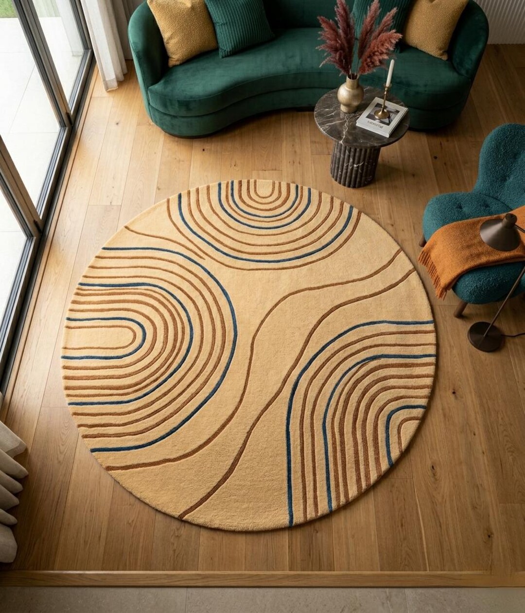 Hand Tufted Wool Round Rug – Arched Geometric Pattern, Mustard Blue ...