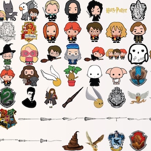 May include: A digital collection of Harry Potter themed illustrations featuring chibi-style characters, house crests, wands, broomsticks, and magical creatures. The set includes various icons like the Sorting Hat, Hedwig, and golden snitches in a graphic format.