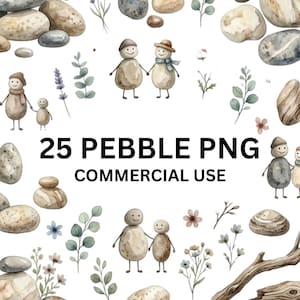 May include: Watercolor digital art featuring 25 pebble PNG images with botanical elements and whimsical figures. The images include stacks of stones, sprigs of lavender, and small smiling figures. Text reads "25 PEBBLE PNG COMMERCIAL USE."