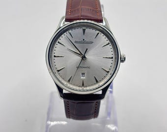Vintage Jaeger-LeCoultre Automatic Silver Dial Date Indicator Brown Leather Strap Analog Men's Wrist Watch