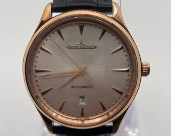 Vintage Jaeger-LeCoultre Automatic Grey Dial Date Indicator Black Leather Strap Analog Men's Wrist Watch