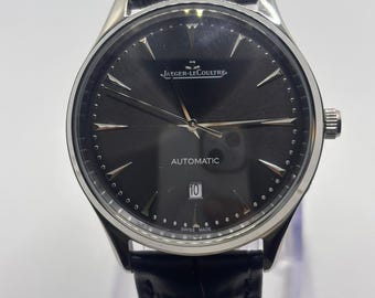 Vintage Jaeger-LeCoultre Automatic Black Dial Date Indicator Black Leather Strap Analog Men's Wrist Watch