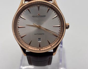 Jaeger-LeCoultre Automatic Watch: Grey Dial, Date, Brown Leather Strap