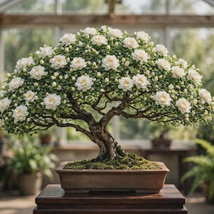 May include: A blooming bonsai tree with a thick, textured brown trunk and numerous small green leaves. The tree is covered in many white, multi-petaled flowers and closed buds, all planted in a rectangular, earthy-toned ceramic pot.