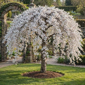 May include: A weeping cherry tree with a thick, textured brown trunk and long, cascading branches covered in dense clusters of small, white blossoms. The tree is planted in a circular bed of dark mulch surrounded by a green lawn and stone archway.