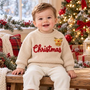 May include: A beige long-sleeved knit jumper featuring the word Christmas embroidered in red script across the chest and a small, plush reindeer appliqué with a gold bell detail positioned on the upper right side.